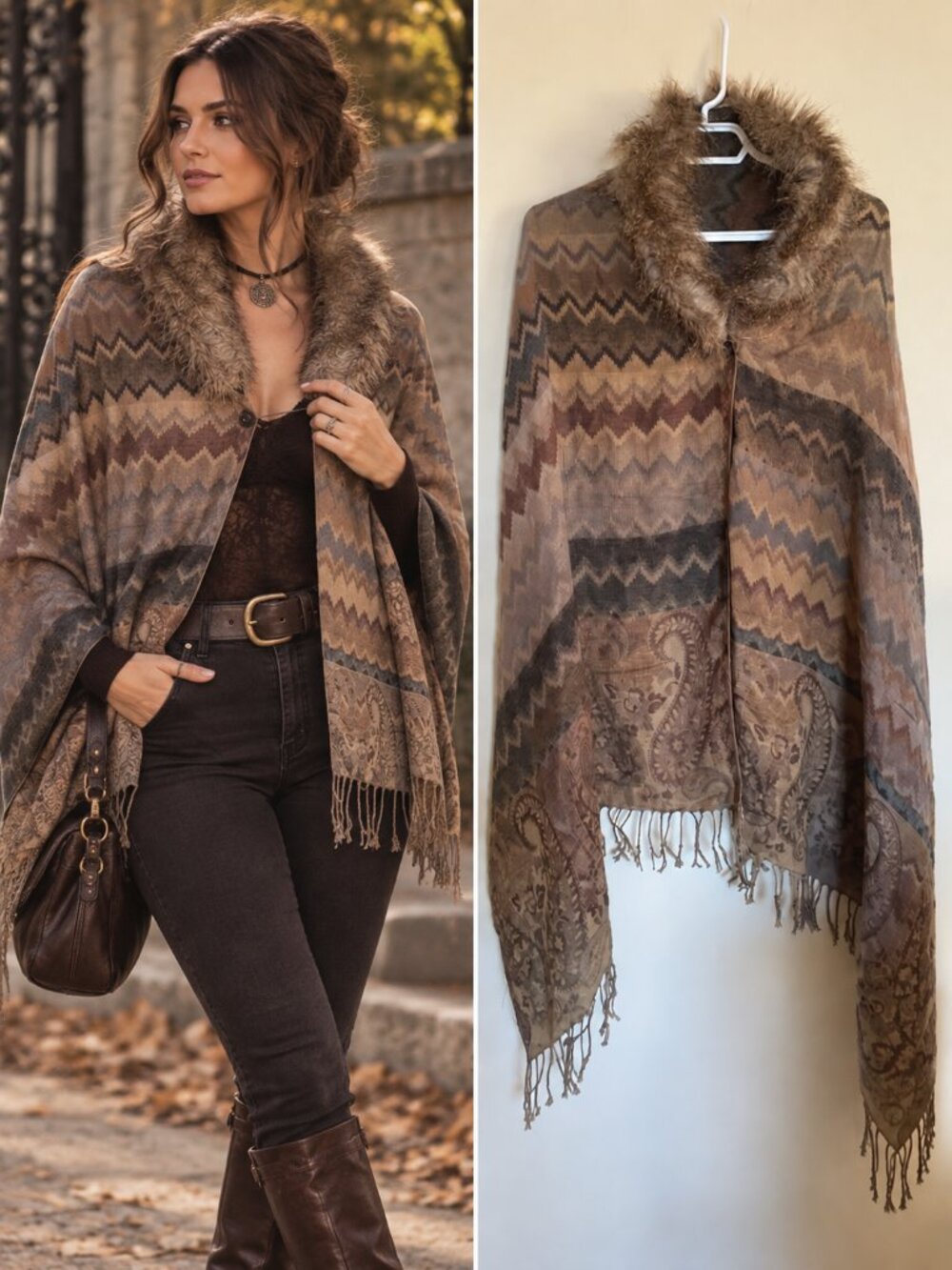 Eyeful Brown Tan Chevron Paisley Poncho Shawl Oversized Longline Whimsigoth OS